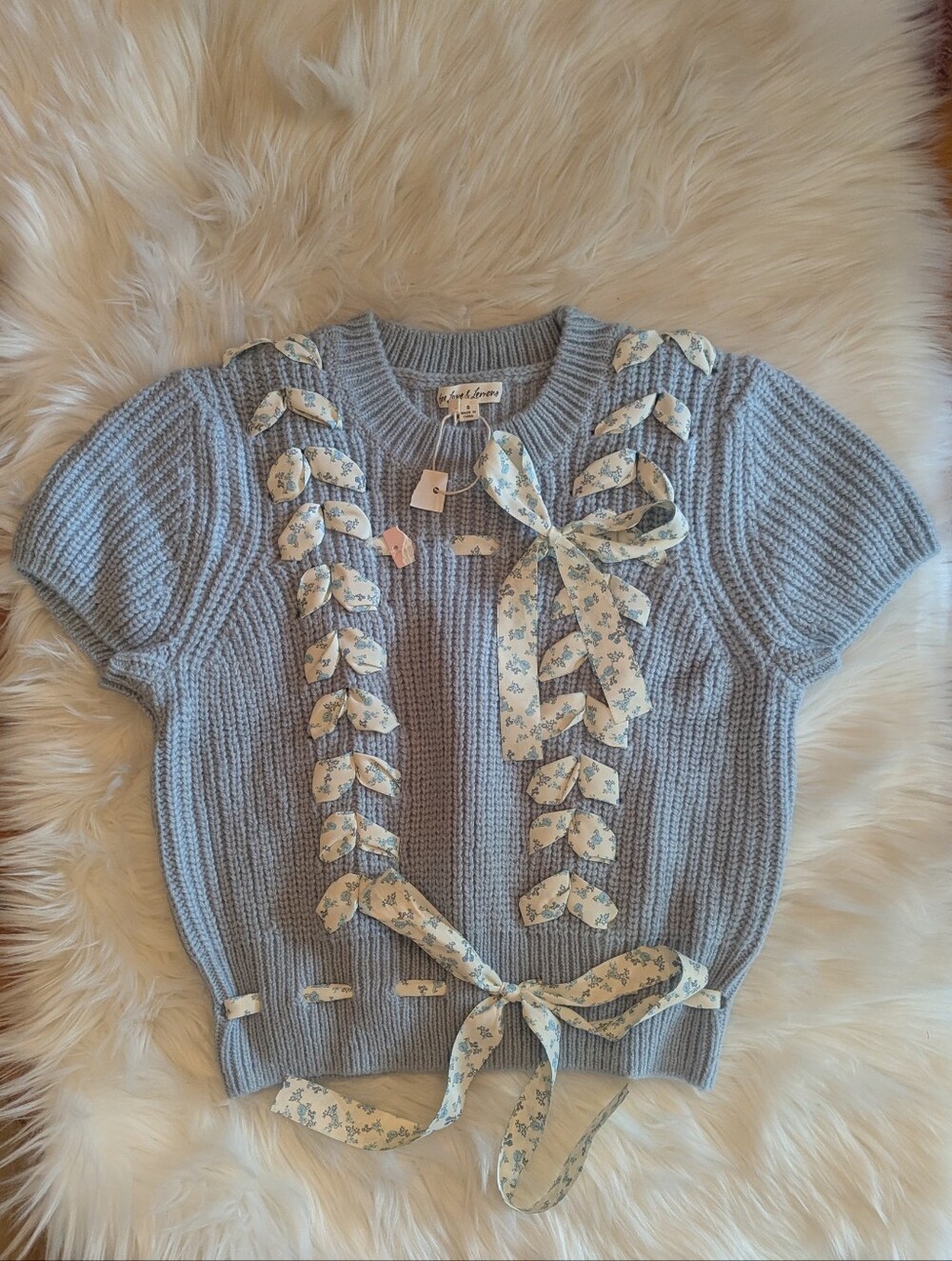 For Love And Lemons Blue Rosie Ribbon Knit Top